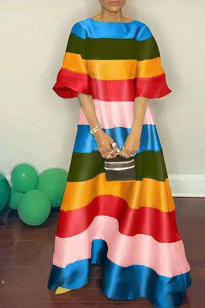xakxx Puff Sleeves Belted Multi-Colored Split-Joint Striped V-Neck Maxi Dresses