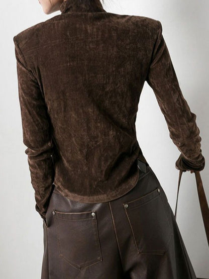 xakxx Long Sleeves Skinny Solid Color Split-Front Split-Joint High Neck T-Shirts