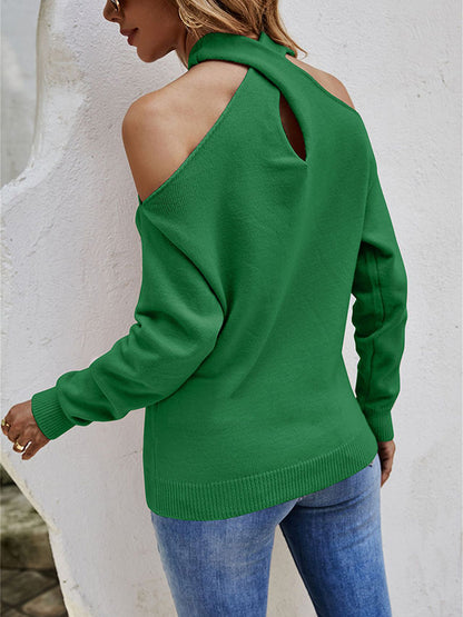 xakxx Casual Long Sleeves Solid Color Halter-Neck Sweater Tops