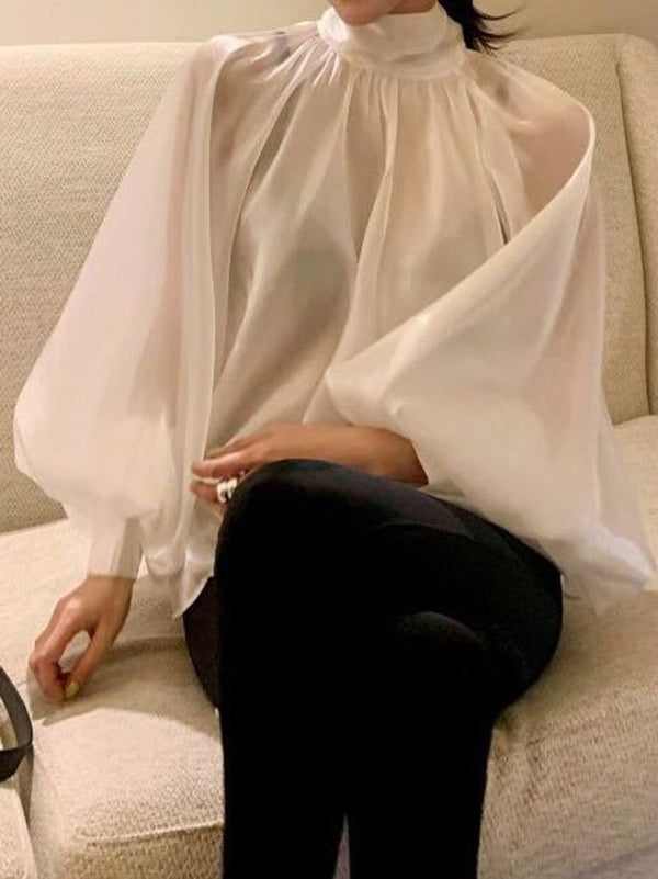 xakxx Urban Black&White Puff Sleeves High-Neck Blouse