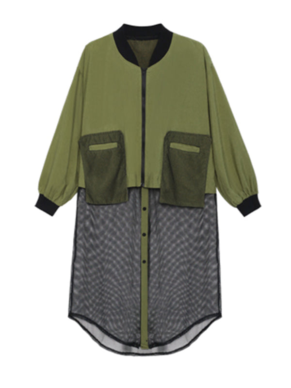 xakxx Stylish Split-Joint With Pocket Mesh Buttoned Stand Collar Long Sleeves Jacket Outwear