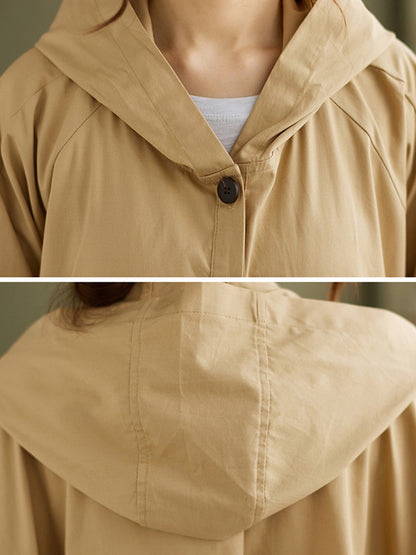 xakxx Loose Solid Color Buttoned Hooded Long Sleeves Trench Coat