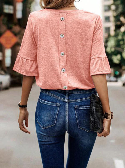 xakxx Ruffle Sleeves Asymmetric Buttoned Solid Color Split-Joint Round-Neck T-Shirts Tops