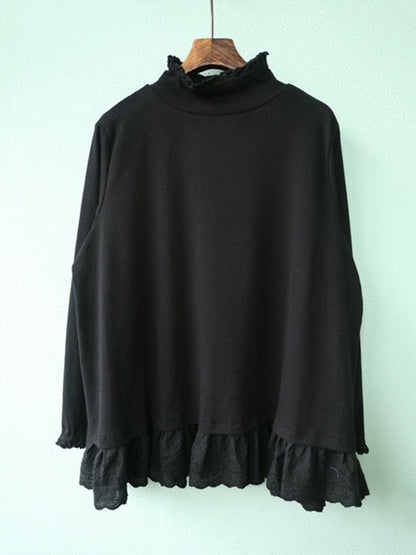 xakxx Original Creation Long Sleeves Loose Ruffled Solid Color Stand Collar T-Shirts Tops