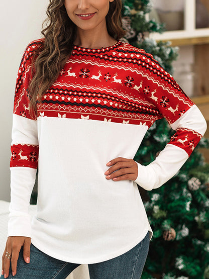 xakxx Long Sleeves Loose Animal Printed Split-Joint Round-Neck T-Shirts Tops