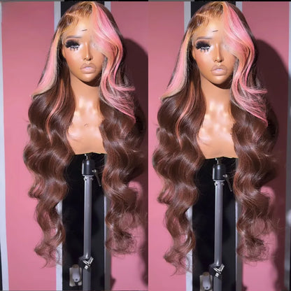 40 Inches Brown Pink Lace Front Wig Hightlight Pink Human Hair Wigs for Women Colored Straight HD 13X4 Synthetic Lace Frontal Wig Cosplay