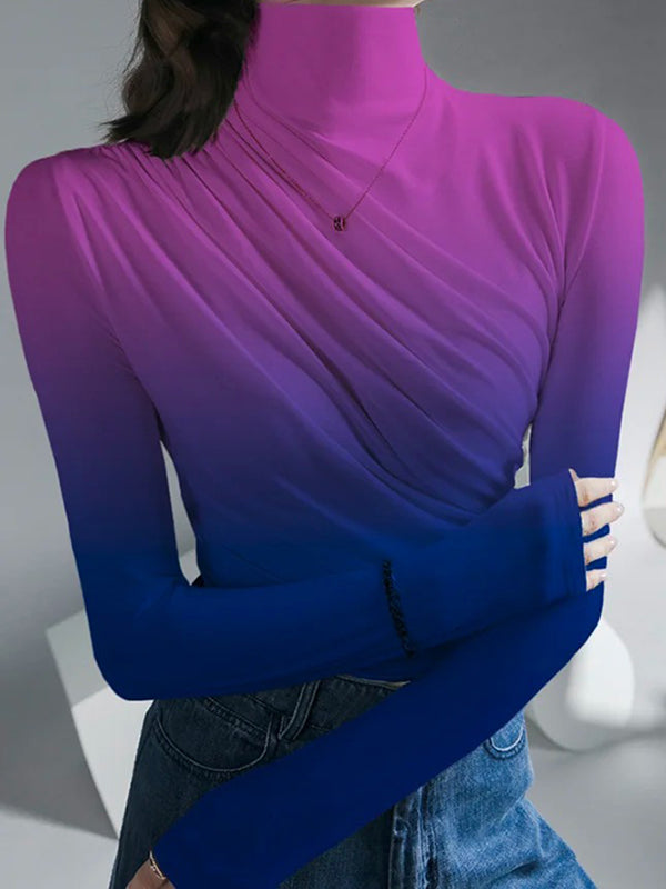 xakxx Long Sleeves Skinny Gradient Pleated High Neck T-Shirts Tops