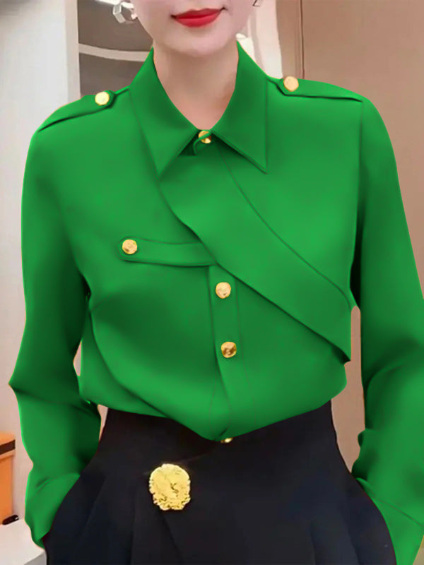 xakxx Long Sleeves Loose Asymmetric Buttoned Lapel Blouses&Shirts Tops