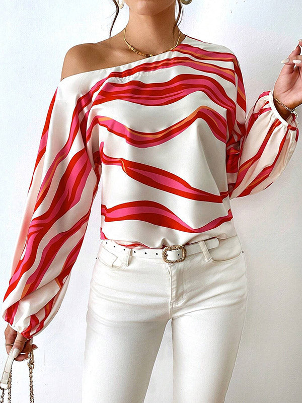xakxx Long Sleeves Loose Asymmetric Striped One-Shoulder Blouses&Shirts Tops