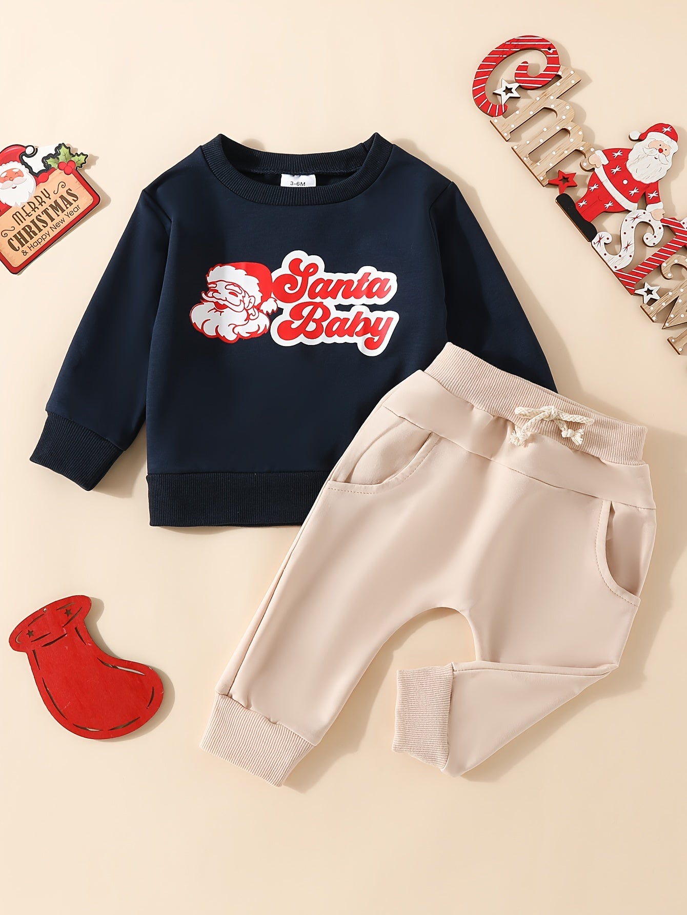 2pcskids Christmas Cute Cartoon SANTA BABY Graphic Sweatshirt Trousers Set, Toddler Casual Outfit Clothes, Winter/fall