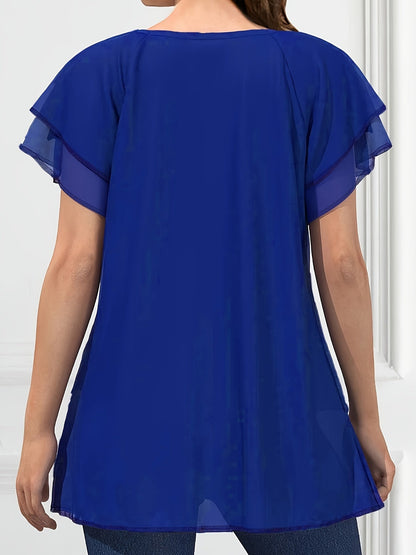 Vibrant Color Crew Neck Blouse - Ruffled Sleeve, Layered, Casual, Spring & Summer Essential - Women's Clothing for Everyday Wear