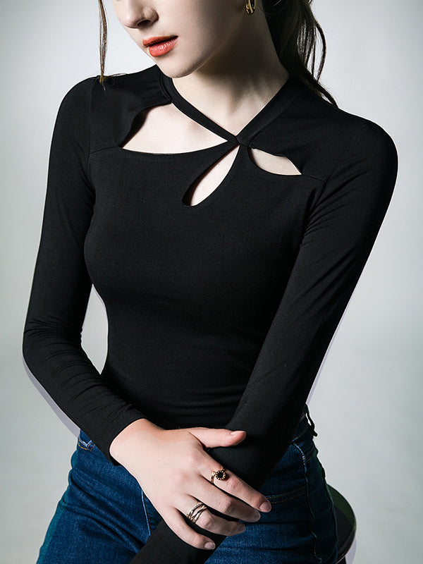 xakxx Long Sleeves Skinny Hollow Solid Color Asymmetric Collar T-Shirts Tops