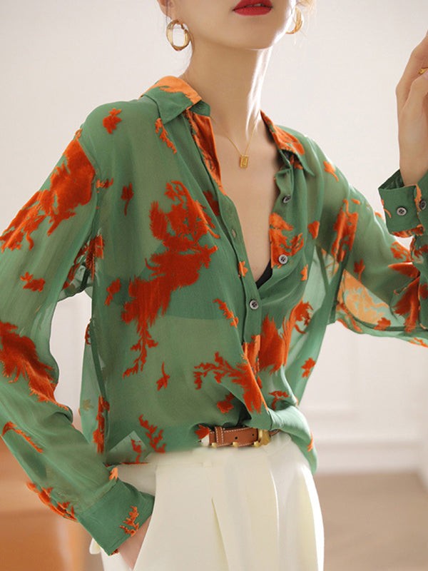 xakxx Long Sleeves Printed See-Through Lapel Blouses&Shirts Tops