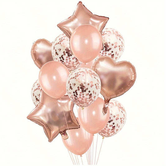 14pcs Rose Golden Balloon Set: Perfect for Weddings, New Year, Christmas, Bridal Showers, Birthdays, And More - Includes 18" Stars, 18" Hearts, 12" Polka Dot Balloons, And 12" Plain Balloons