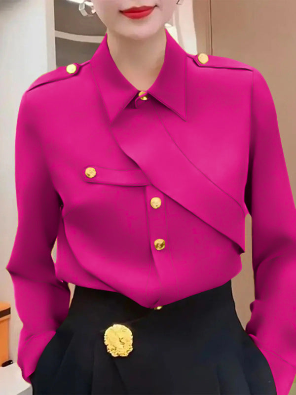 xakxx Long Sleeves Loose Asymmetric Buttoned Lapel Blouses&Shirts Tops