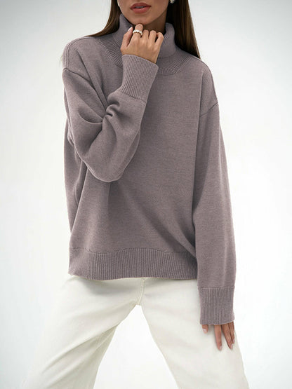 xakxx Long Sleeves Loose Solid Color High Neck Knitwear Pullovers Sweater Tops