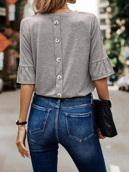 xakxx Ruffle Sleeves Asymmetric Buttoned Solid Color Split-Joint Round-Neck T-Shirts Tops