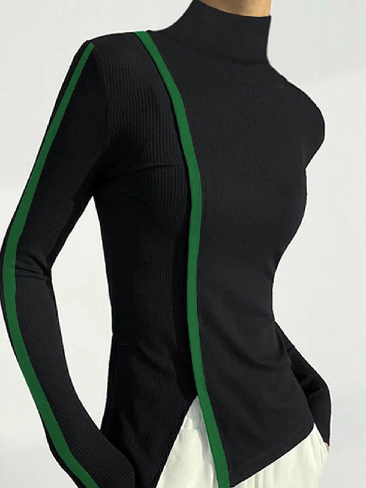 xakxx Urban Long Sleeves Skinny Contrast Color Split-Side High-Neck T-Shirts Tops