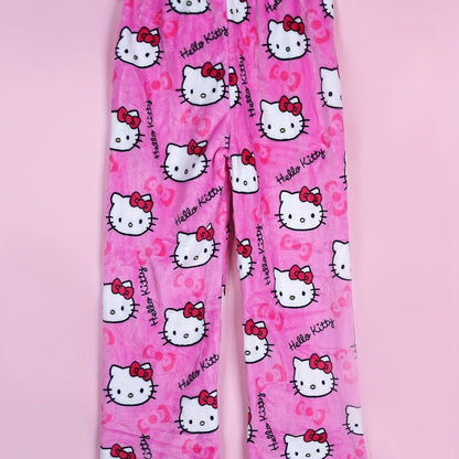 Hello Kitty Flannel Pajama Set for Women - Soft, Warm, White Anime Cartoon Print Lounge Pants - Autumn Fashion Gift Idea
