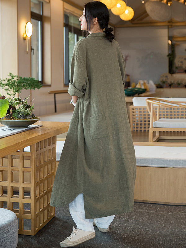 xakxx Artistic Retro Loose Simple Casual Solid Color Ramie Trench Coat