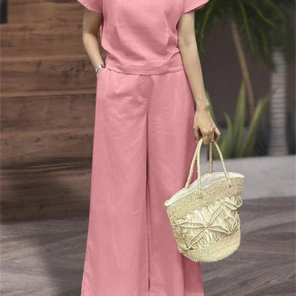 Lightweight & Stylish Womens Two-Piece Outfit - Loose Fit Solid Color T-Shirt with Crew Neck & Dual Pocket Pants - Perfect Casual Clothing Set for Everyday Fashion