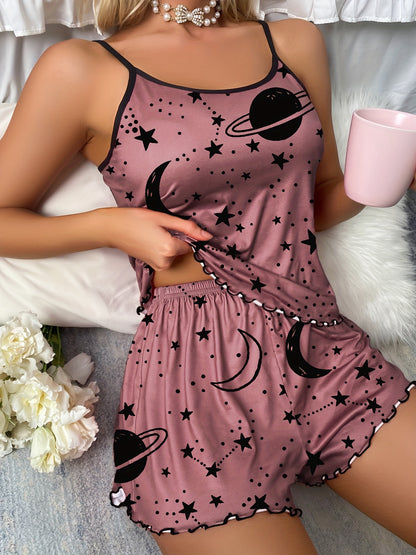 Starry Print Pajama Set, Crew Neck Cami Top & Lettuce Trim Shorts, Women's Sleepwear & Loungewear