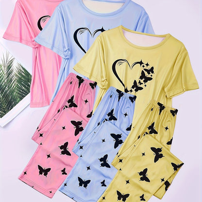 3-Pack Womens Heart Print Pajama Set - Soft Short Sleeve Crew Neck Tops & Elastic Waist Pants for Cozy Sleepwear & Lounging