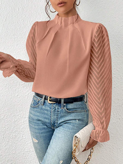 xakxx Long Sleeves Loose Elasticity Mesh Pleated Solid Color Mock Neck Blouses&Shirts Tops