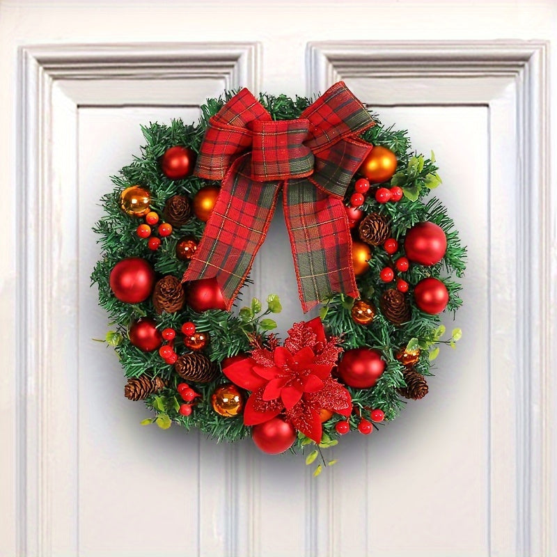 15.8" Vibrant Red Christmas Wreath with Artificial Pine Cones and Elegant Bow - Festive Holiday Door & Window Decoration, Perfect for New Year Celebrations, Indoor and Outdoor Use, Easy to Assemble, Durable and Long-Lasting