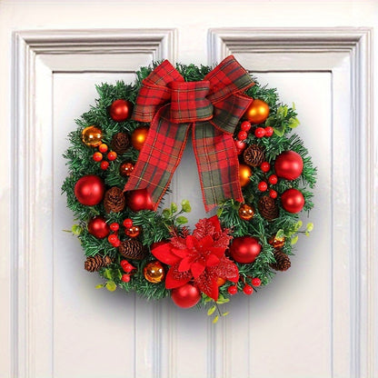 15.8" Vibrant Red Christmas Wreath with Artificial Pine Cones and Elegant Bow - Festive Holiday Door & Window Decoration, Perfect for New Year Celebrations, Indoor and Outdoor Use, Easy to Assemble, Durable and Long-Lasting