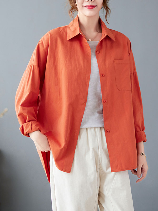 xakxx High-Low Long Sleeves Solid Color Lapel Blouses&Shirts Tops