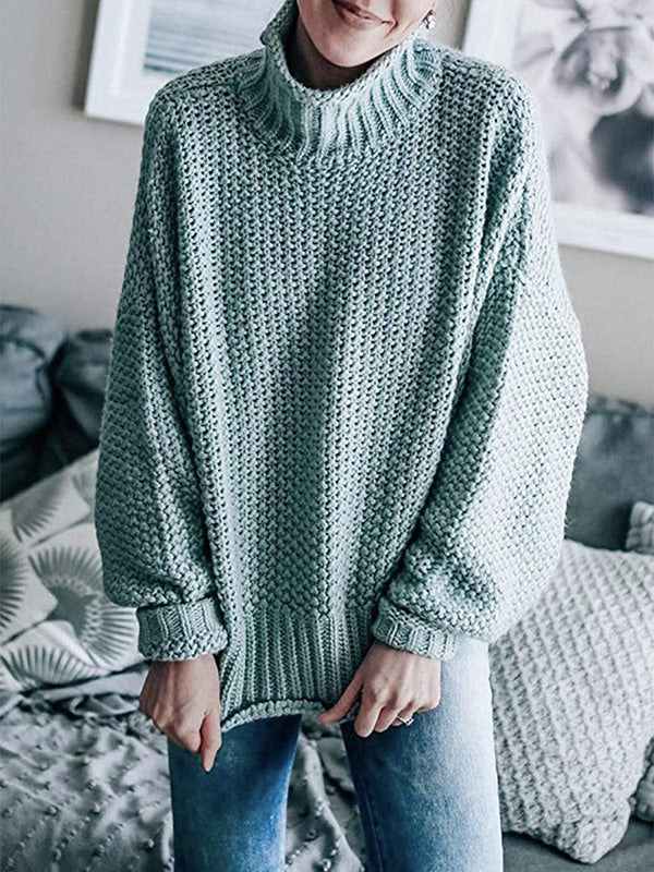 xakxx Casual Long Sleeves Solid Color High-Neck Sweater Tops