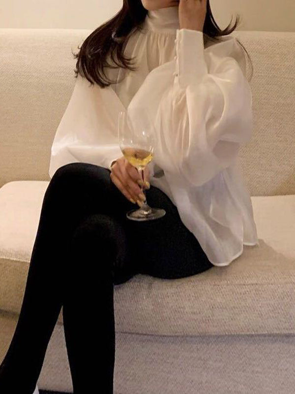 xakxx Urban Black&White Puff Sleeves High-Neck Blouse