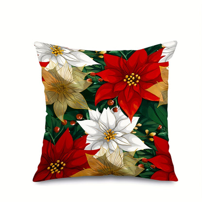 2-Pack Vibrant Christmas Poinsettia Throw Pillow Covers - Premium Zippered Polyester Cushion Cases with Seasonal Xmas Flower Design, Machine Washable, Soft and Cozy for Home Decor - Single Sided Print (No Insert)