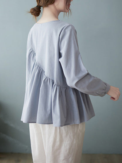 xakxx Casual Loose Long Sleeves Solid Color Round-Neck T-Shirts Tops
