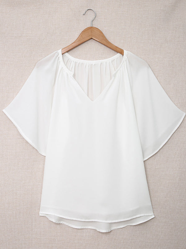 xakxx Simple Casual Solid Color Loose Pleated Half Sleeves T-Shirt Top