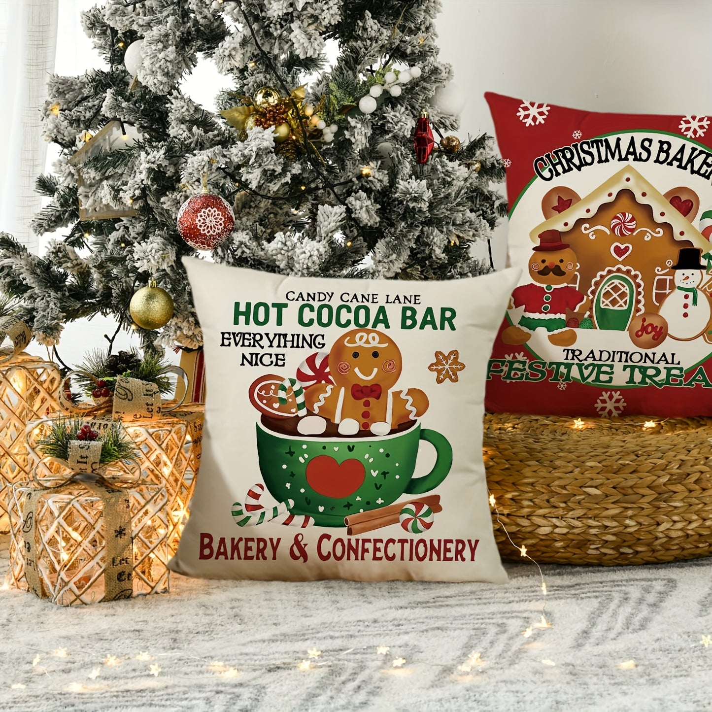 1pc Christmas Gingerbread Man House Throw Pillow Case, 17.7x17.7inch Winter Holiday Baking Lovers Gift, Soft Mat Cover for Home, Bedroom, Indoor Decor