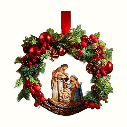 1 Piece Christmas Door Decoration Pendant, Red Berry Garland with Christmas Scene Props