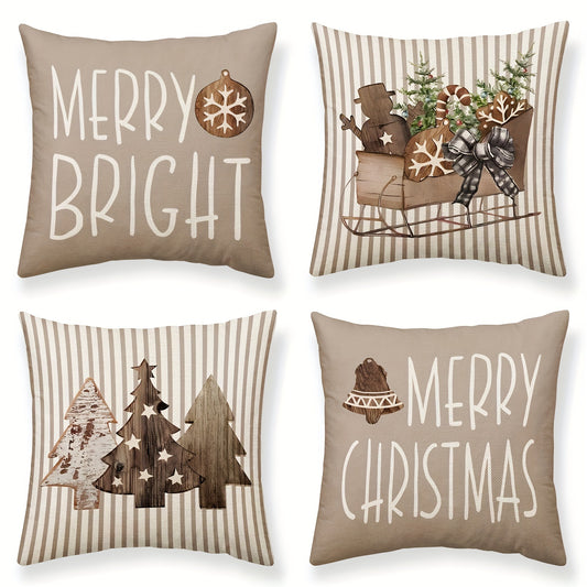 4 PCS Merry Christmas Blessings Throw Pillow Covers - Warm Curry Striped Vintage Woodgrain Sleigh Christmas Tree Design, Holiday Party Home Decor, Soft and Cozy, 18x18 inches (45x45 cm) - Pillow Inserts Not Included, Perfect for Indoor and Outdoor Decorat