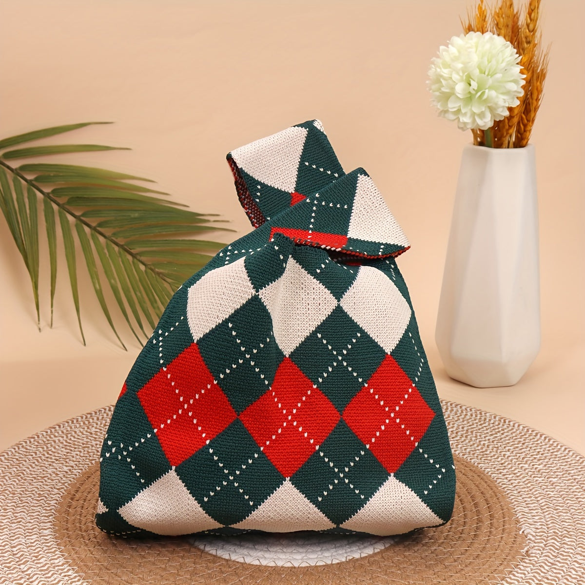Chic Christmas Red & Green Diamond Knit Tote - Casual Gift Bag with Hand-Painted Canvas Cartoon Design, Cute Embroidery Art, Foldable Fabric