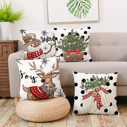 Set of 4 Festive Christmas Throw Pillow Covers - Reversible, Machine Washable, Woven Polyester, Zipper Closure, Contemporary Style - Perfect for Home Decor, Holiday Season, 17.7" and 15.7" Square, Snowman Reindeer Designs