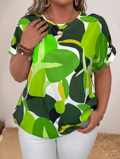 Plus Size Color Block Print Vacation Blouse - Crew Neck, Non-Stretch Polyester, Random Print, Short Sleeve, Woven, Elegant and Comfortable for Spring and Summer - Womens Plus Size Clothing for Vacation and Daily Wear
