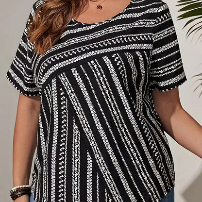 Plus Size Elegant Floral Print Crew Neck Blouse - Soft Slight Stretch Fabric, Relaxed Fit, Short Sleeve, Weekend Casual Wear for Spring, Summer, and Fall - Womens Oversized Shirting with Random Printing