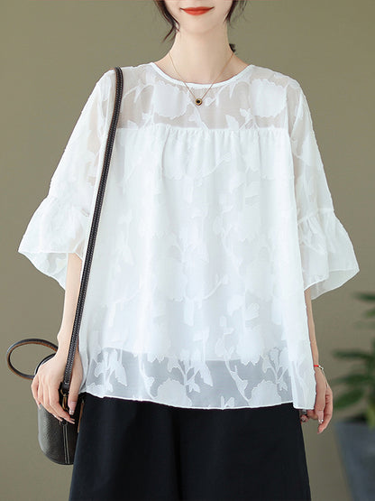 xakxx Loose Short Sleeves Falbala Pleated See-Through Split-Joint Round-Neck T-Shirts