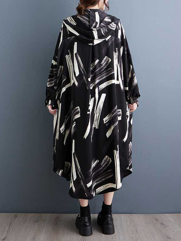 xakxx Long Sleeves Loose Buttoned Hooded Printed Midi Dresses Outerwear