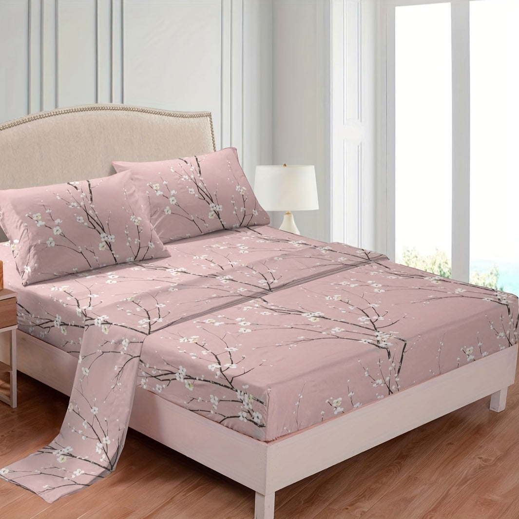 4pcs Luxury Flower Print Fitted Sheet Set - Soft, Hypoallergenic & Breathable Bedding - Wrinkle-Free & Fade-Resistant - Perfect for Bedrooms & Guest Rooms - 1 Flat Sheet, 1 Fitted Sheet, 2 Pillowcases - No Mattress Core