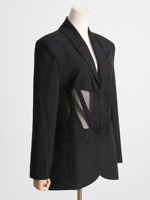 xakxx Long Sleeves Buckle Gauze See-Through Solid Color Split-Joint Notched Collar Blazer