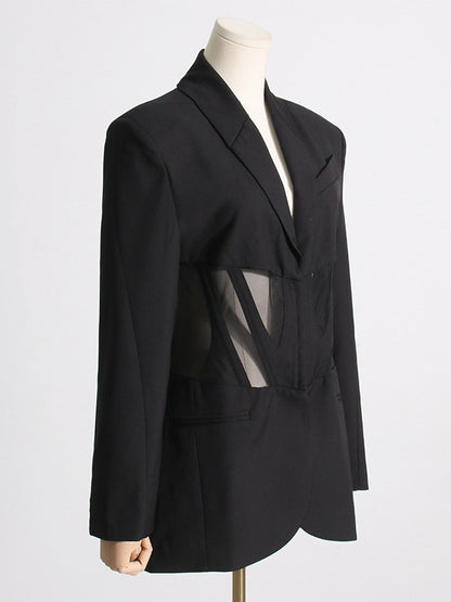 xakxx Long Sleeves Buckle Gauze See-Through Solid Color Split-Joint Notched Collar Blazer