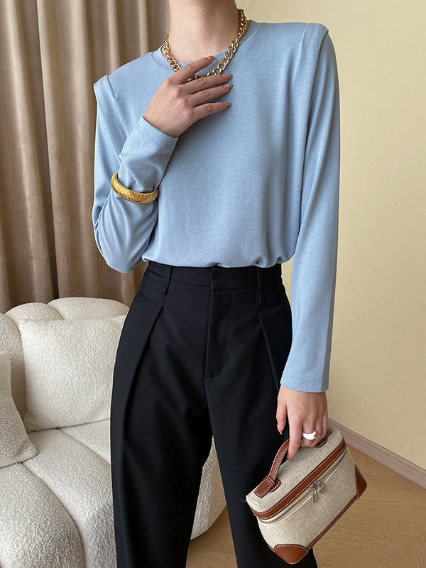 xakxx Long Sleeves Solid Color Split-Joint Round-Neck T-Shirts Tops