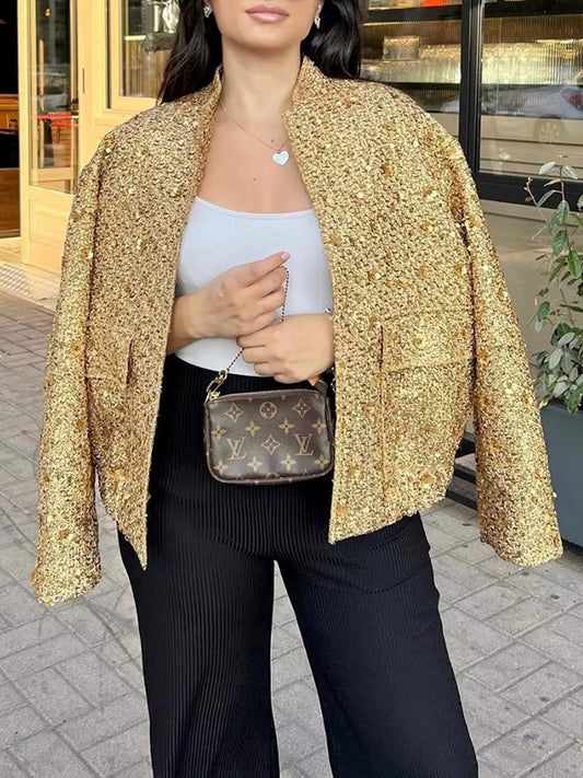 xakxx Long Sleeves Loose Elasticity Sequined Split-Joint Stand Collar Outerwear
